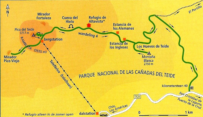 Kaart van de wandeling naar de Pico del Teide.